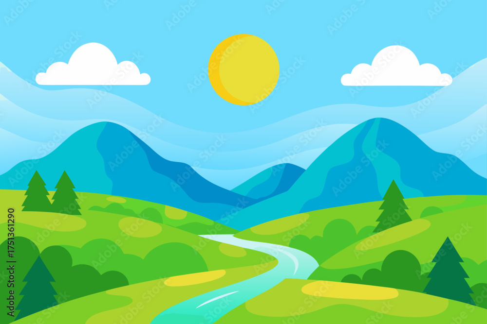 Fototapeta premium Illustration of a landscape with mountains and sun