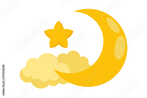 Cartoon crescent moon star and clouds on white sky