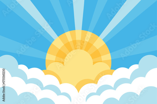 Illustration of sun shining above fluffy clouds