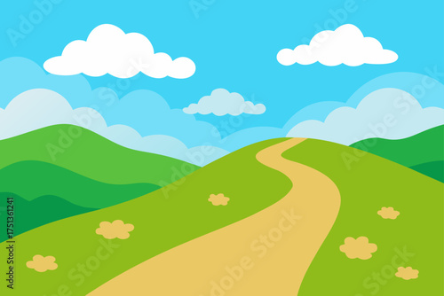 Cartoon landscape with path hills and cloudy sky