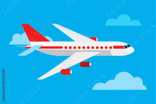 Airplane flying in a blue sky with fluffy clouds