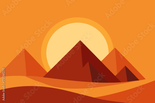 Pyramids in the desert with a sun in the horizon
