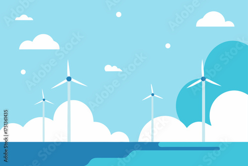 Wind turbines and clouds in a blue sky landscape