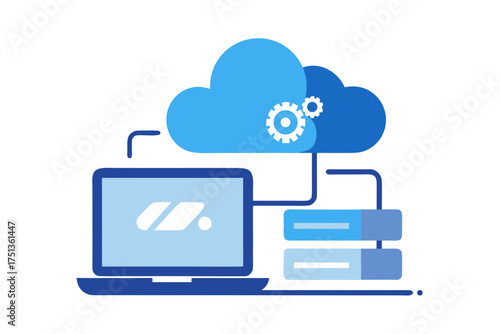 Laptop connected to cloud server with gear icons