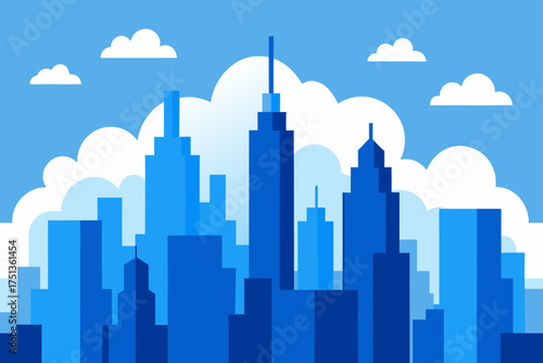 Illustration of a blue city skyline with white clouds