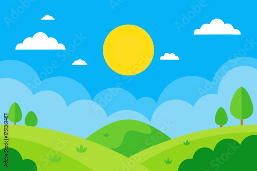 Illustration of a sunny landscape with green hills