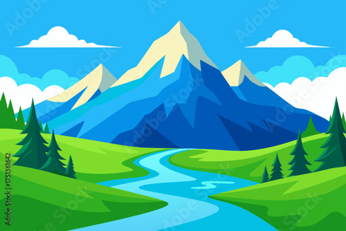 Illustration of mountains river and trees landscape