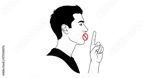 Man making a shushing gesture, indicating silence or secrecy, with lips sealed and finger raised.