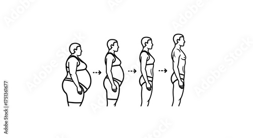 Illustration showing body transformation from overweight to fit through gradual weight loss.