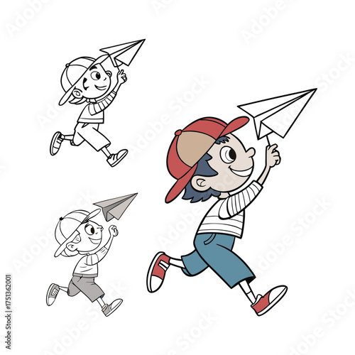 Cartoon character with baseball cap running and throwing paper airplane with energetic pose and playful expression isolated on transparent background