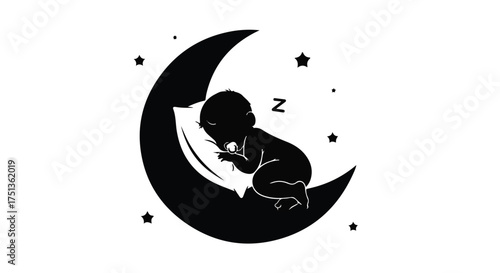 Peaceful baby sleeping on a crescent moon under a starry night sky