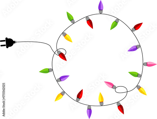 Elements cute  lights in Christmas frames. cartoon round frame of tangled wire with colorful Christmas lights.