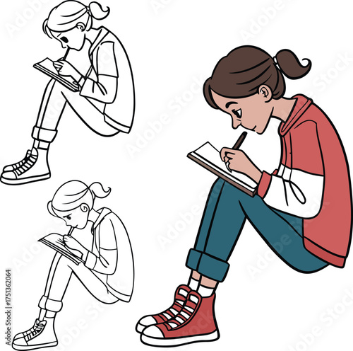 Young woman focused on digital device sitting in casual pose relaxed youngster engaging with technology isolated on transparent background