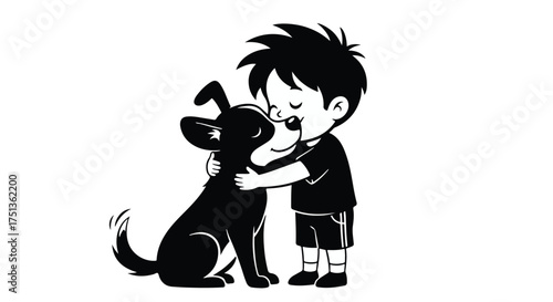 A young boy lovingly embraces his loyal dog, sharing a moment of pure affection and friendship.
