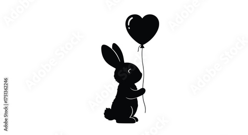 Whimsical black rabbit silhouette holding a heart-shaped balloon against a clean white background