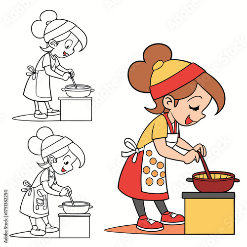 Young girl baking and cooking delicious food in the kitchen cartoon style isolated on transparent background
