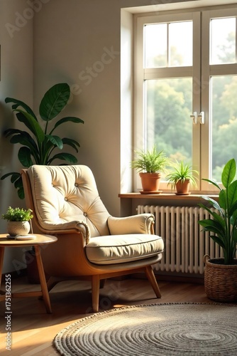 Sunlit Cozy Living Room with Comfortable Armchair, Side Table, and Houseplants Warm and Inviting Home Interior Scene