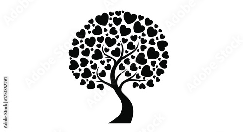 Whimsical tree adorned with numerous black heart-shaped leaves symbolizing love and growth.