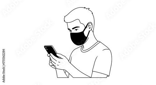 Young man wearing a face mask uses his smartphone, staying connected in a modern world.