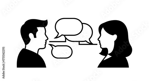 Two people engaged in conversation, with speech bubbles representing communication and ideas.