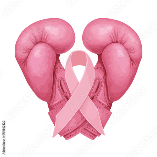 3D Pink Boxing Gloves Heart with Ribbon - Breast Cancer Awareness and Support Vector