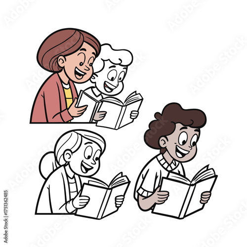 Happy cartoon family with one kid looking surprised and excited isolated on transparent background