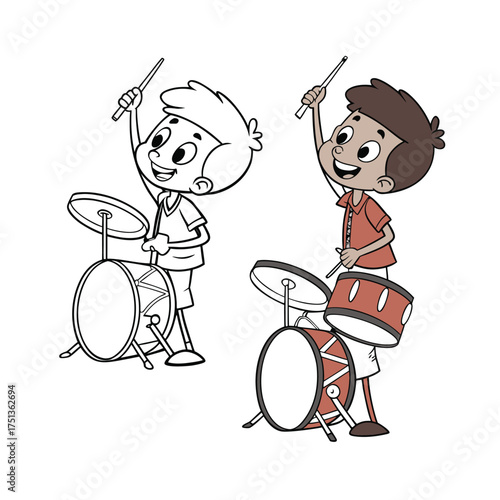 Joyful cartoon boy enthusiastically playing drums with excitement and energy isolated on transparent background