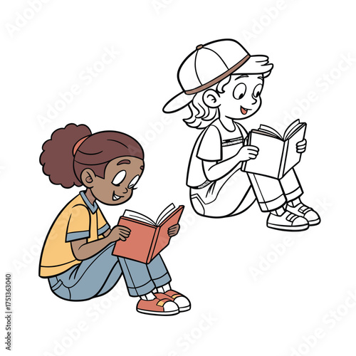 Young girl reading a book imagining stories and adventures under a starry sky isolated on transparent background