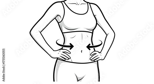 Woman's toned abdomen with circular arrows indicating waistline measurement or slimming.