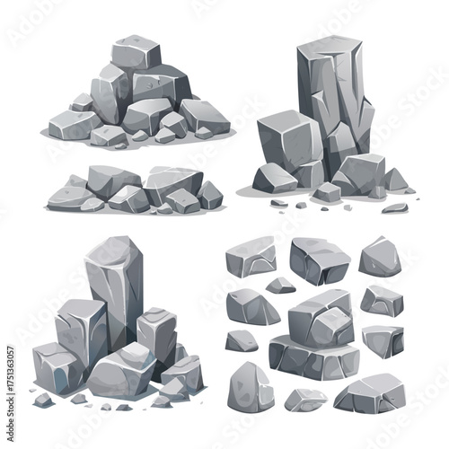 3D boulders and pebbles, piles of rubble and debris, isolated natural landscape elements, mountain cliff and rocky terrain designs. Vector set