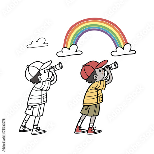 Joyful child holding up a vibrant rainbow umbrella outdoors isolated on transparent background