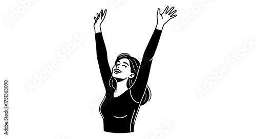 Joyful woman with arms raised in celebration, embracing happiness and freedom.