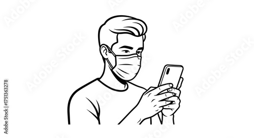 Man wearing a face mask uses a smartphone, staying connected in a modern world.