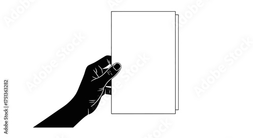 Silhouette of a hand holding a blank document or card against a white background