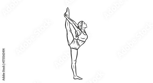 Graceful woman in athletic wear performs a challenging yoga pose, demonstrating flexibility and strength.