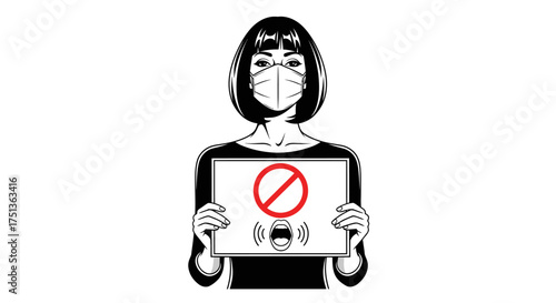 Woman wearing face mask holds sign with prohibition symbol and speech bubbles, conveying message of silence or no speaking.