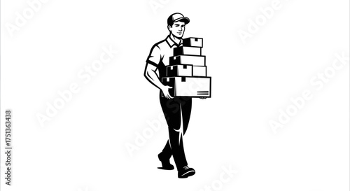 Focused delivery person carries a stack of boxes with care and efficiency
