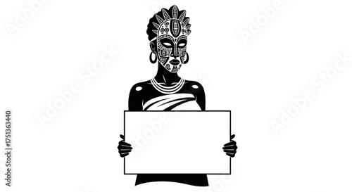 Person in traditional mask holding blank sign for text