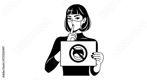 Woman wearing mask and holding sign for silence, promoting quiet and discretion.