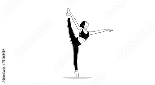 Graceful woman in athletic wear performs a challenging yoga pose with elegant flexibility.