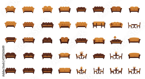 Collection of Stylized Sofa and Dining Set Illustrations Furniture Design Elements