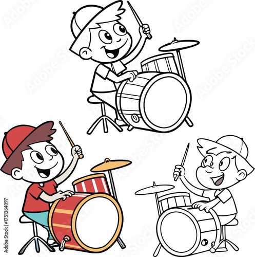 Energetic cartoon musician playing drum set with red cymbals and sticks energetically isolated on transparent background