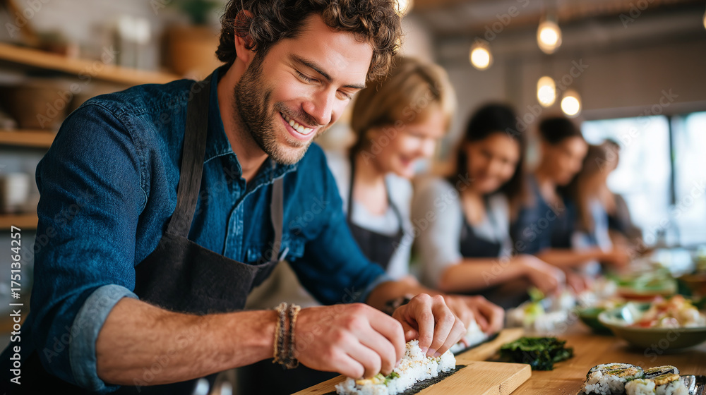 Fototapeta premium Chef teaching sushi making class, participants rolling rice and seaweed, focus and fun, Japanese cuisine, teamwork and learning, culinary culture, food creativity, joyful cooking, 