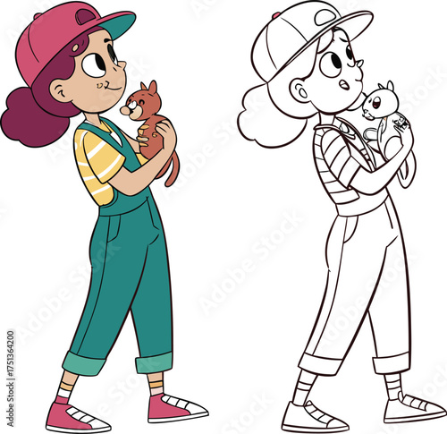 Cartoon girl wearing overalls and hat holding a small animal with a shadow effect isolated on transparent background