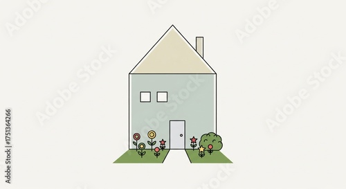 illustration o a small house with a garden. It features a light green house, a white door, two small square windows, a pitched roof, and a chimney. 