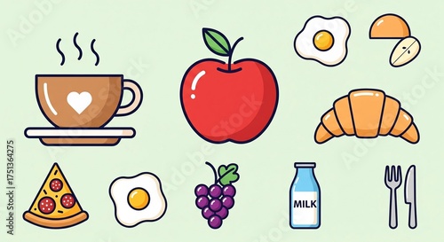 a collection of cartoon-style icons representing various breakfast foods and drinks.
A cup of coffee or tea
An apple
Fried eggs
A croissant
A slice of pizza
Grapes
A bottle of milk
A fork and knife