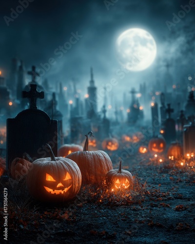 Pumpkins in graveyard on spooky night, halloween backdrop