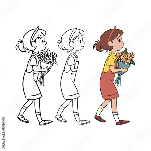 Young girl happily walking with a bouquet of bright sunflowers in her arms outdoors isolated on transparent background