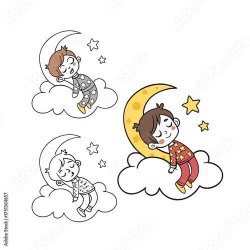Whimsical character resting on crescent moon amongst stars in night sky dreamy scene isolated on transparent background