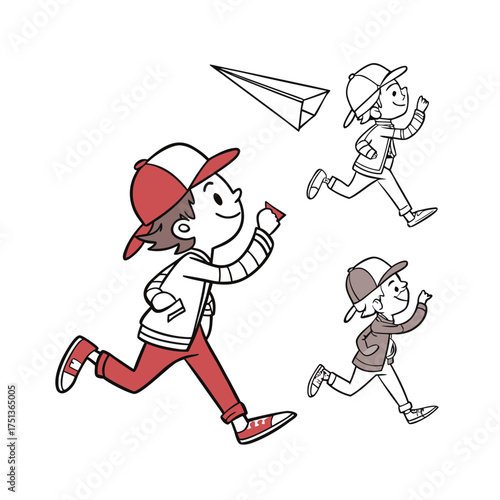 Energetic cartoon characters running and jumping through space with stars isolated on transparent background